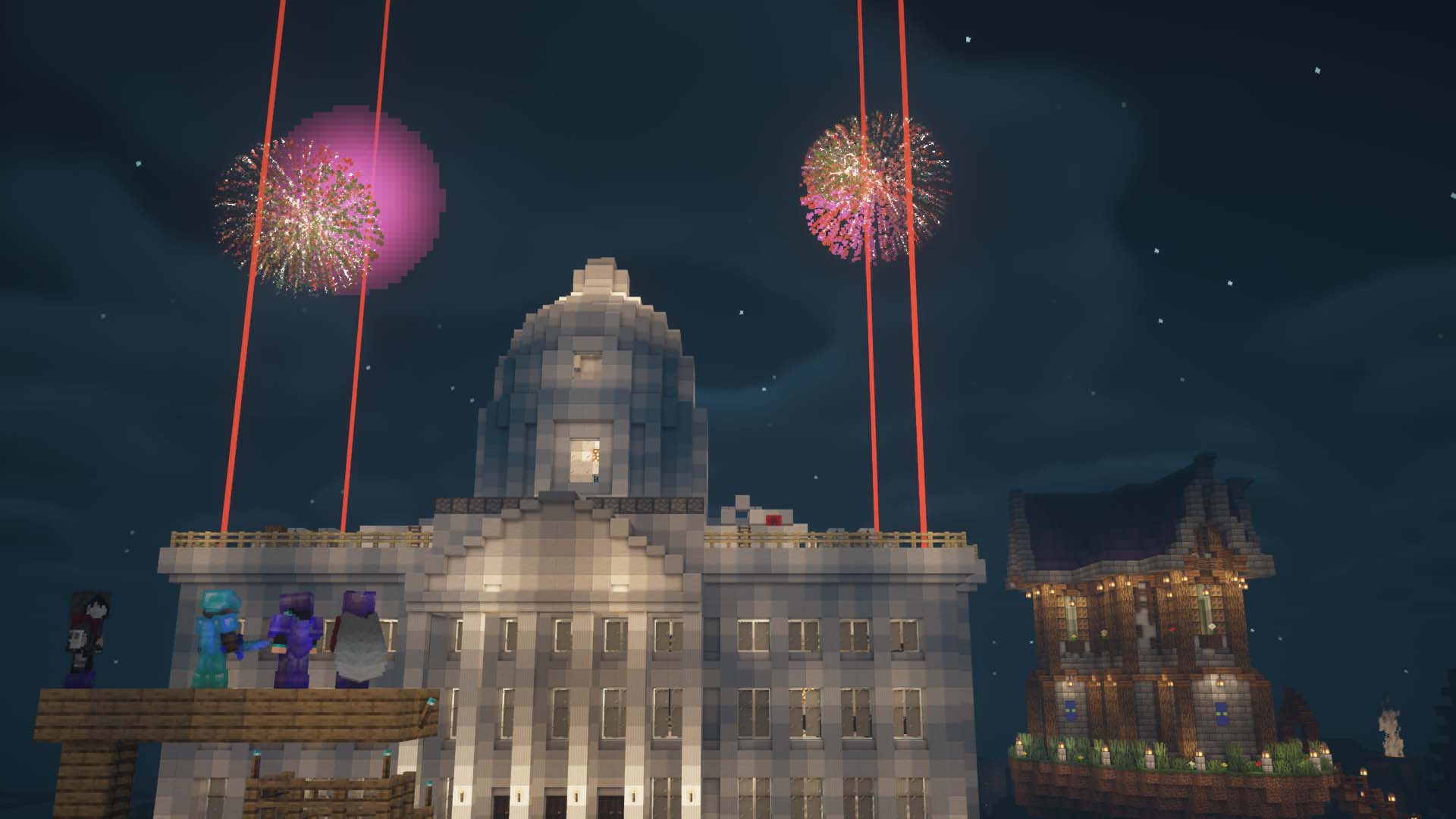 The Utah state capital made in Minecraft with fireworks symbolizing launch day.